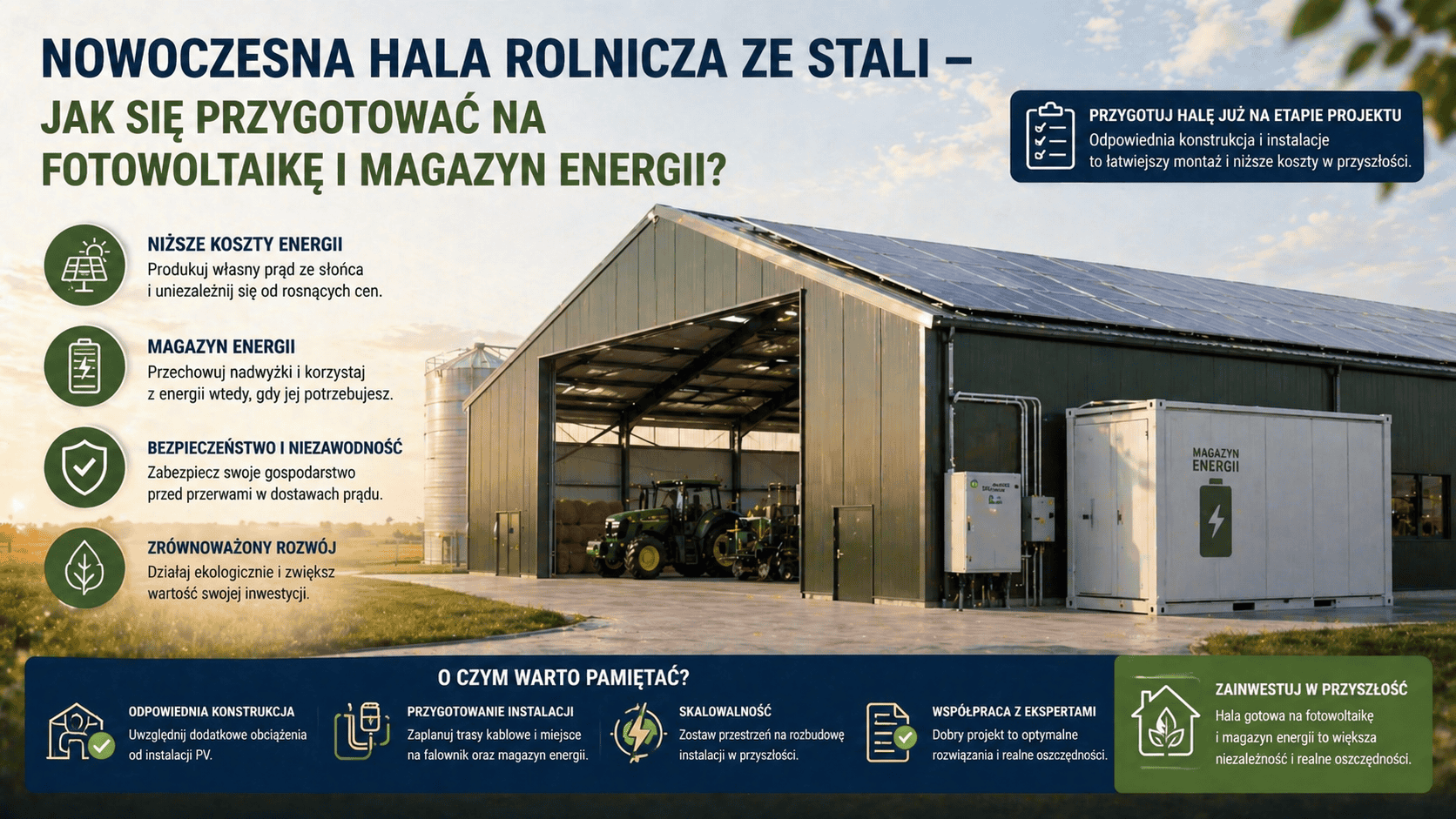 Nowoczesna hala rolnicza ze stali – jak się przygotować na fotowoltaikę i magazyn energii?