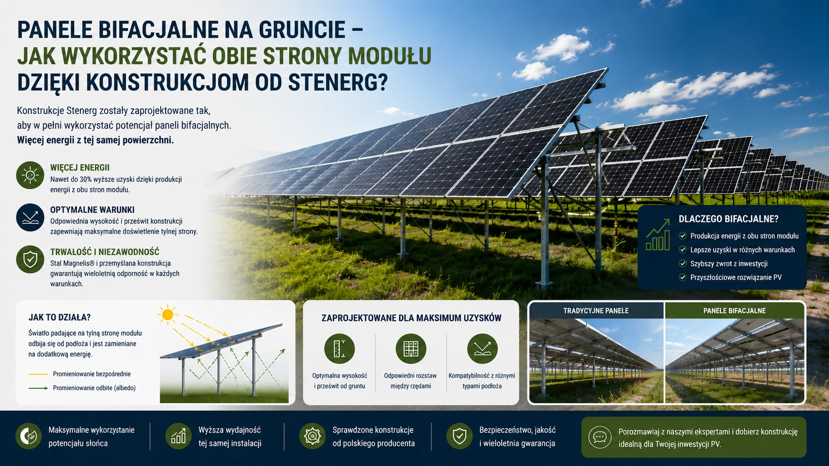 Panele bifacjalne na gruncie – jak wykorzystać obie strony modułu dzięki konstrukcjom od Stenerg
