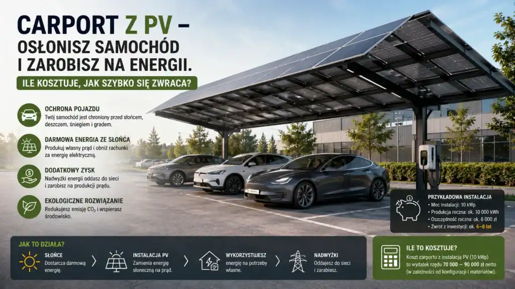 Kalkulacja opłacalności carportu z PV. Koszt całkowity, dotacje, roczne oszczędności i czas zwrotu inwestycji. Stenerg – producent carportów stalowych.