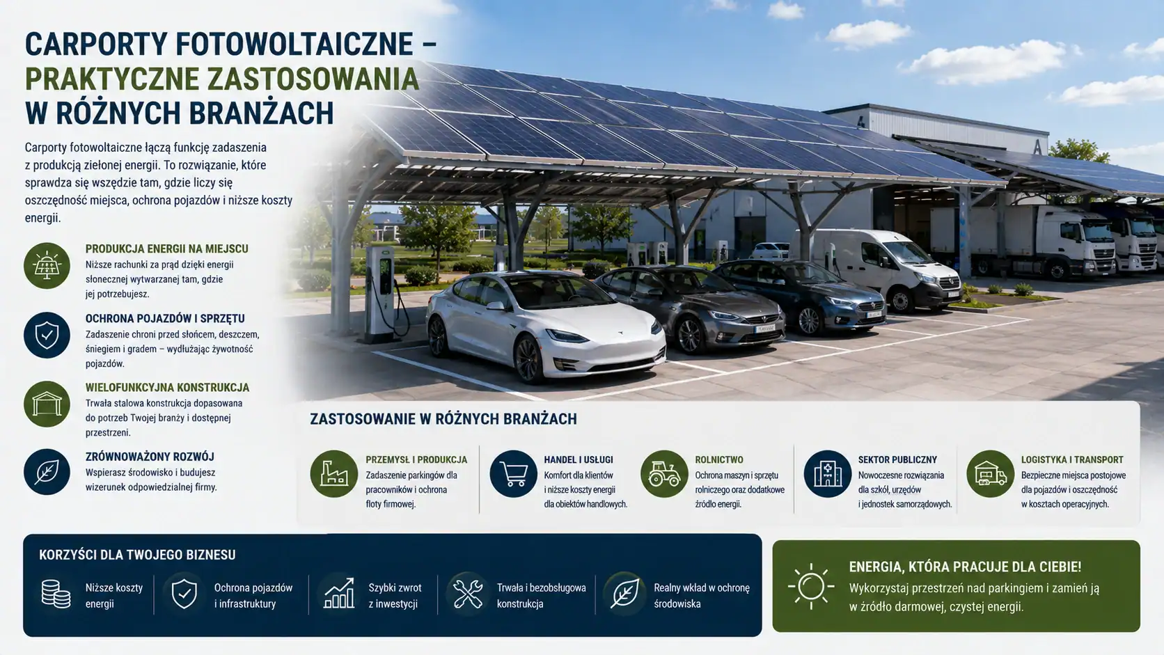 Carporty fotowoltaiczne – praktyczne zastosowania w różnych branżach