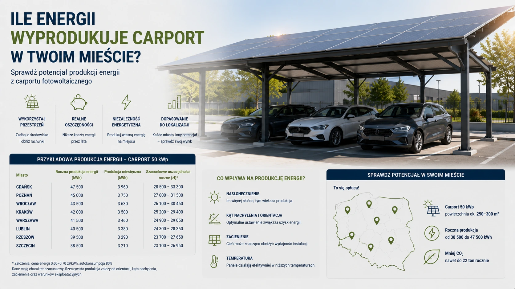 Ile energii wyprodukuje carport w Twoim mieście?