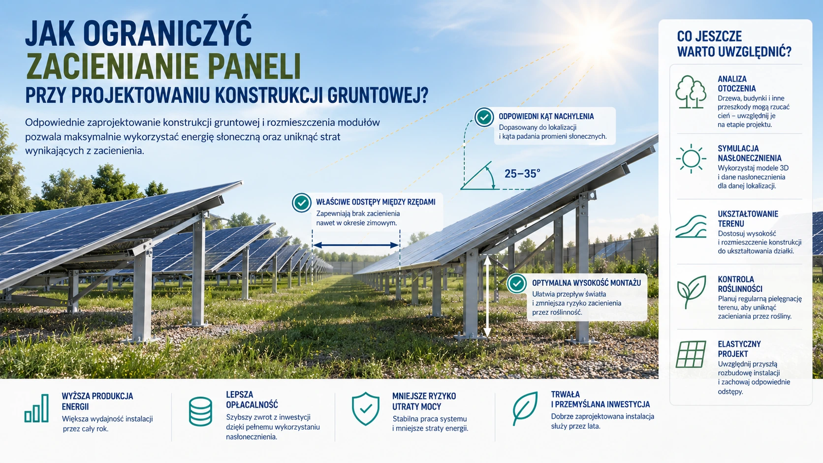 Jak ograniczyć zacienianie paneli przy projektowaniu konstrukcji gruntowej?